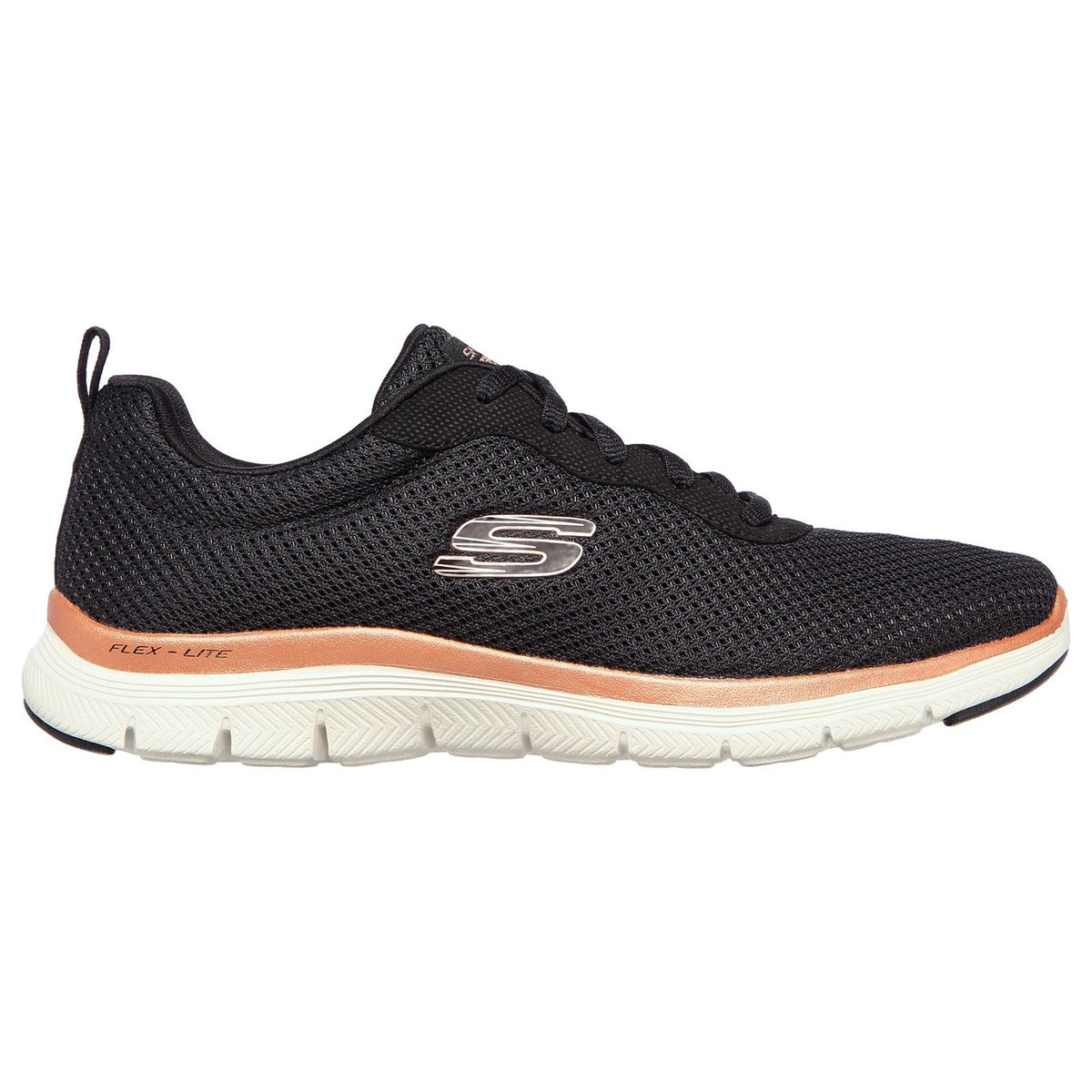 Womens Wide Fit Skechers Flex Appeal 4.0 149303 Brilliant Walking Trainers - Black/Rose Gold